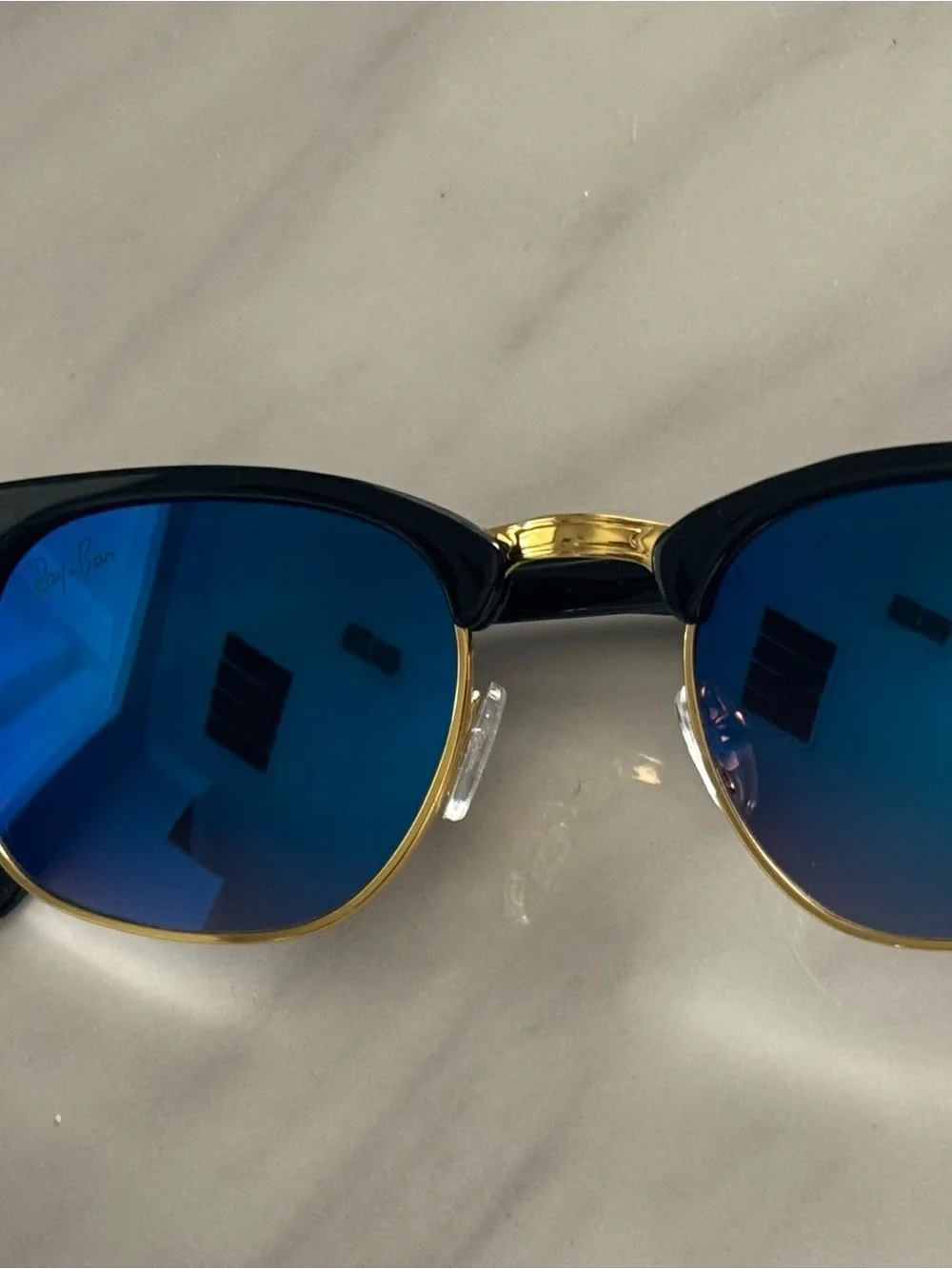 Ray-Ban Black & Gold Clubmaster Sunglasses With Blue Mirror lenses.Sunglass Case - Picture 1 of 4